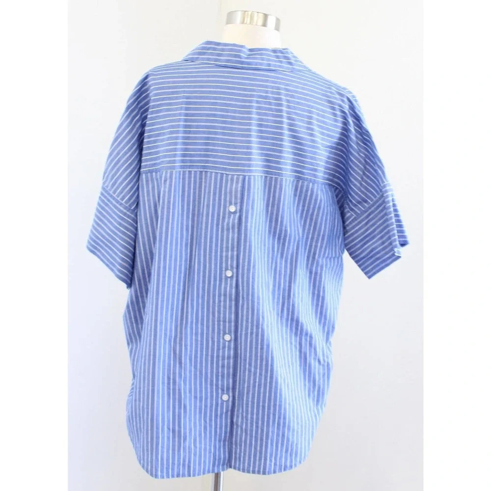 Madewell Blue Striped Courier Button Back Popover Shirt Size M Top Blouse - Picture 7 of 9